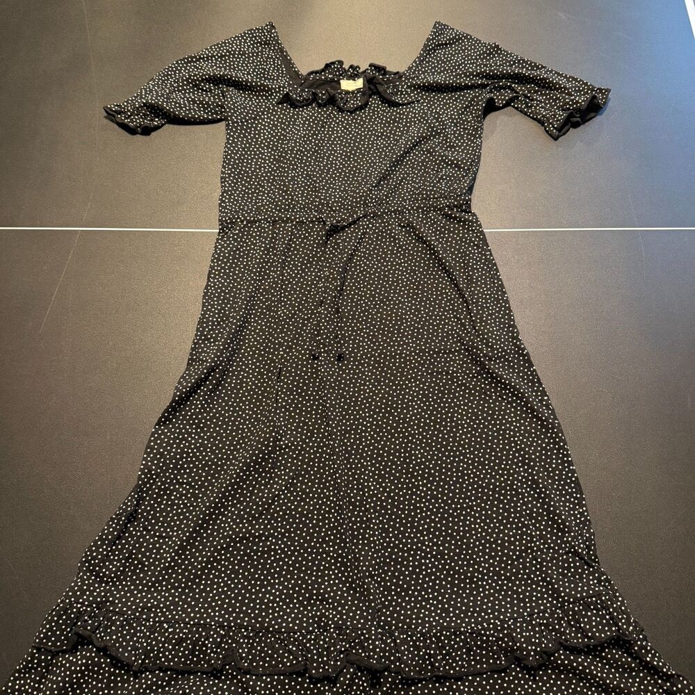 Fat Face Polka Dot Ruffle Neck Midi Dress Black White Tie Waist Women's US 8